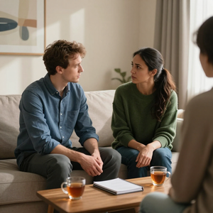 Dos personas conversando en un sofá con tazas de té sobre una mesa de centro en una sala de estar luminosa.