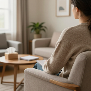 Persona sentada en un sillón beige en una acogedora sala de estar con una mesa de centro y un sofá.