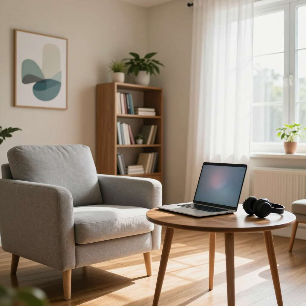 Sala de estar luminosa con sillón, mesa redonda, ordenador portátil abierto, auriculares, estantería.