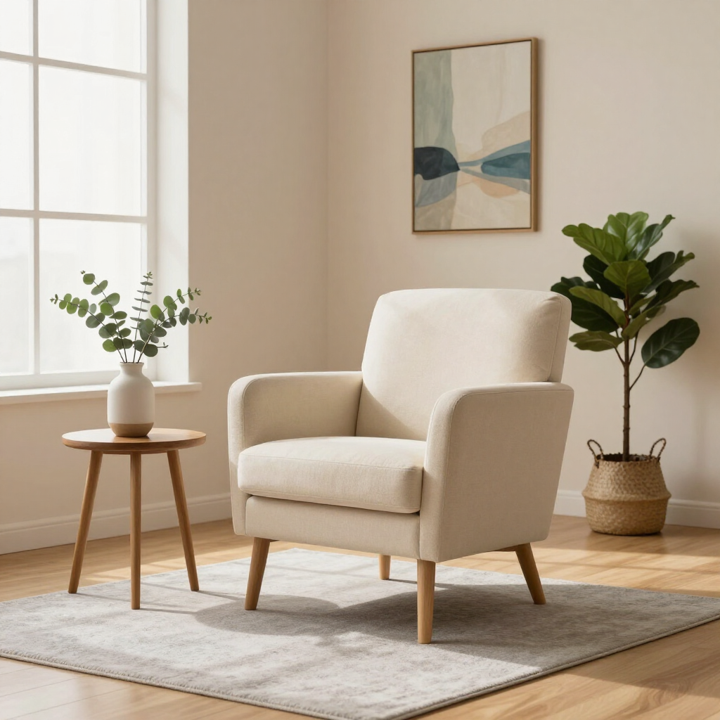 Cómodo sillón beige en una luminosa sala de estar con alfombra, mesa auxiliar, planta y cuadro.