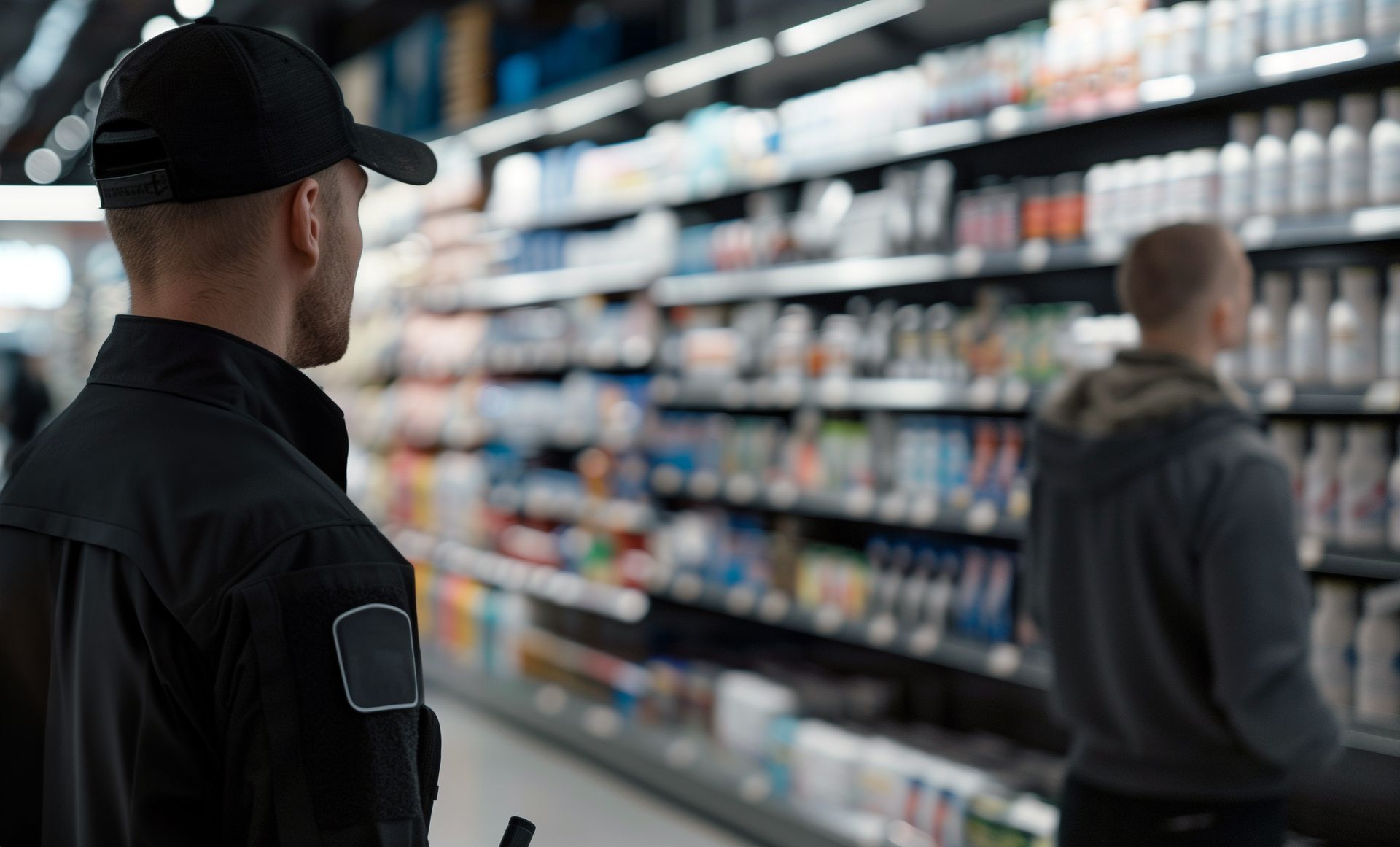 Agent de sécurité surveillant le comportement d'un individu dans un magasin