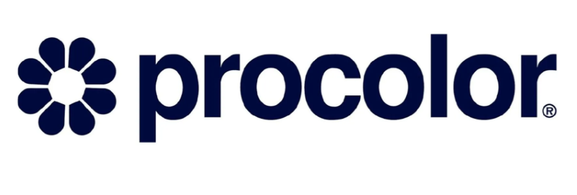 Un logotipo procolor con una flor en el medio sobre un fondo blanco.