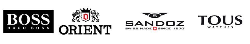 Logotipos de Hugo Boss, Orient, Sandoz y Tous sobre fondo blanco