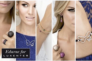 Un collage de mujeres que llevan joyas con las palabras edurne para luxenter en la parte inferior.