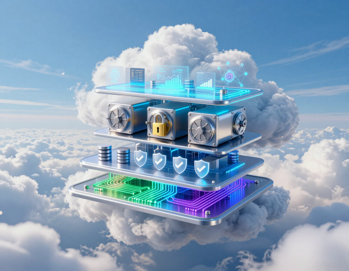 Servidor flotante futurista en la nube con plataformas tecnológicas apiladas de color azul y verde brillante sobre el cielo.
