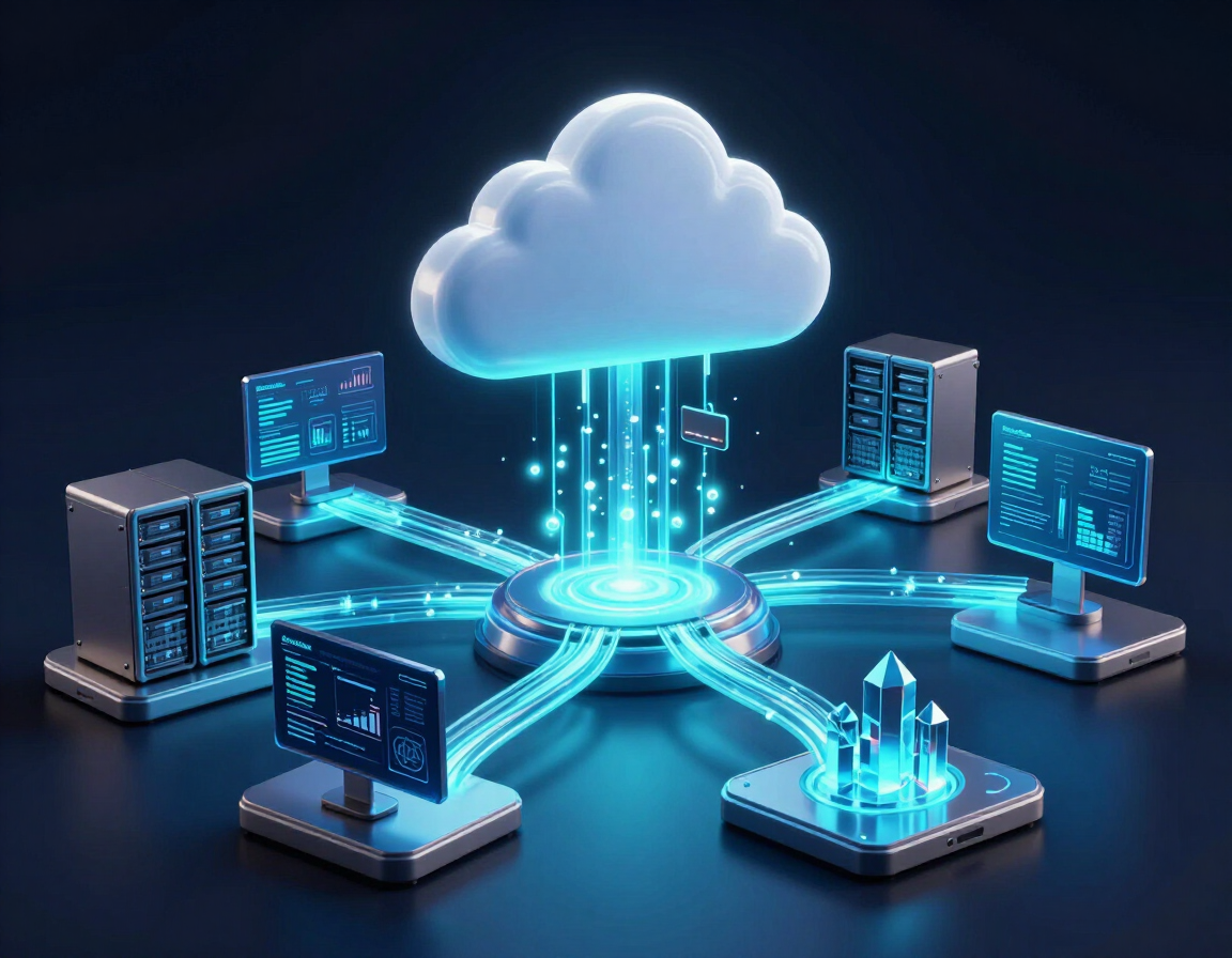 Red de computación en la nube con servidores y monitores brillantes conectados a un icono de nube central.