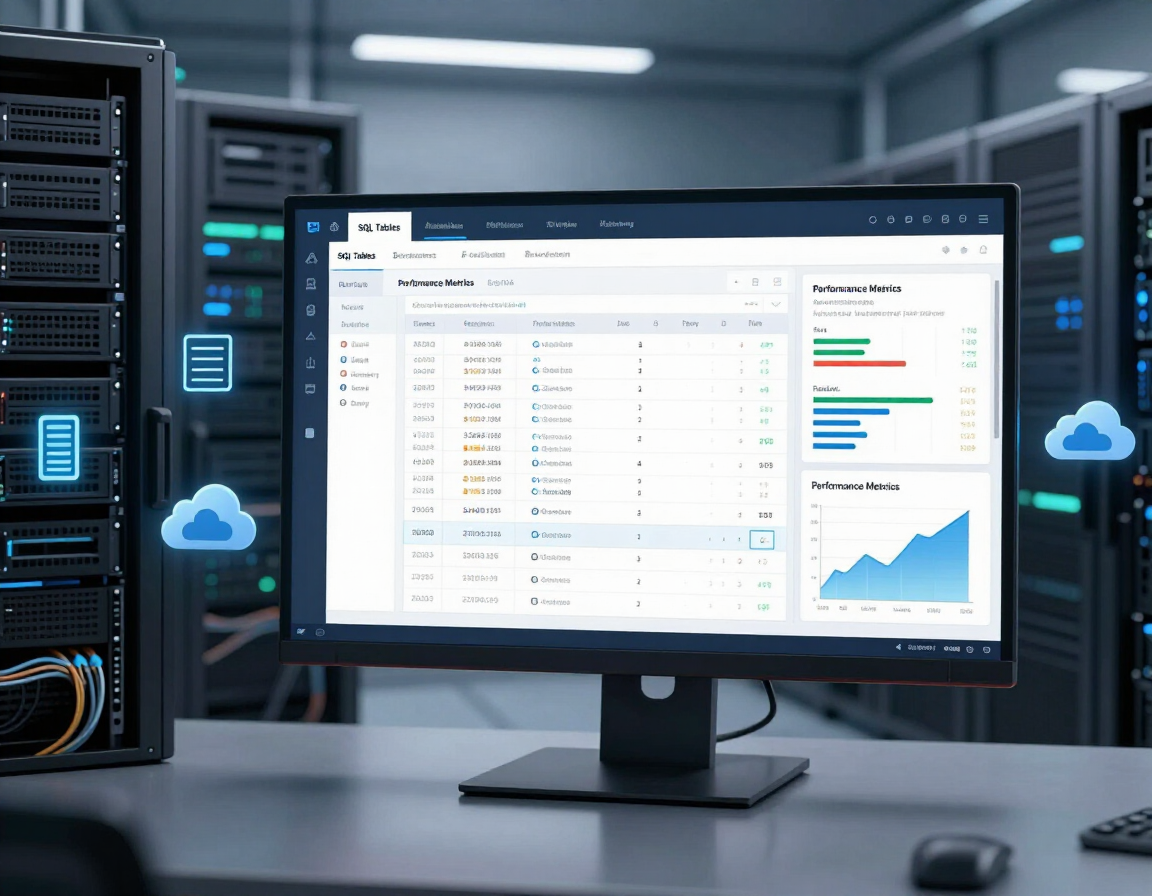 Sala de servidores con un monitor que muestra un panel de datos e iconos de la nube a cada lado.