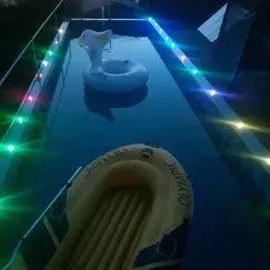 Ein beleuchteter rechteckiger Pool bei Nacht mit aufblasbarer Ente und Boot.