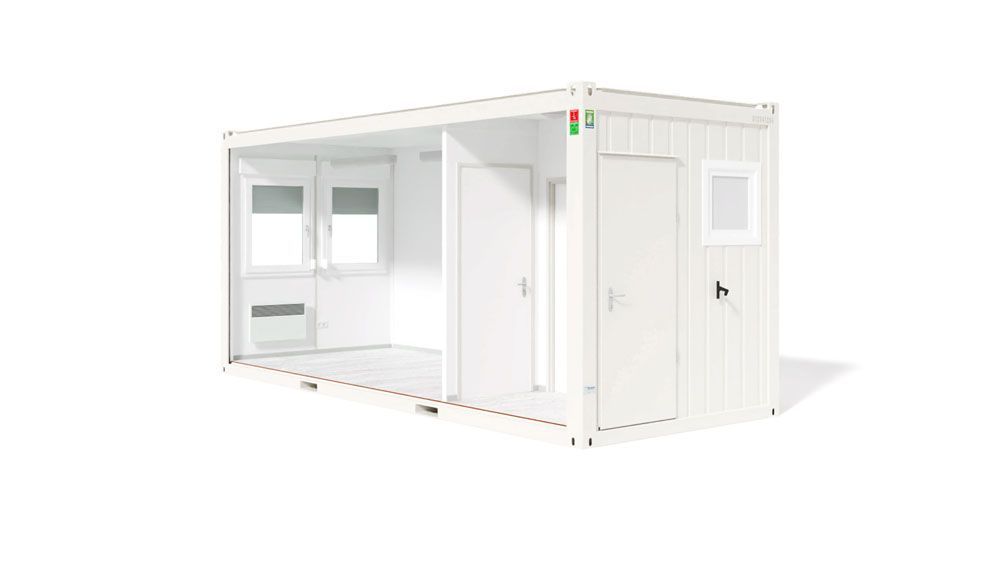 Weißes Modulgebäude, zwei Räume, zwei Türen, zwei Fenster, teilweise offene Vorderseite.