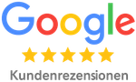Google-Logo mit fünf goldenen Sternen und dem Text „Customerrezensionen“, was auf positive Kundenbewertungen hinweist.