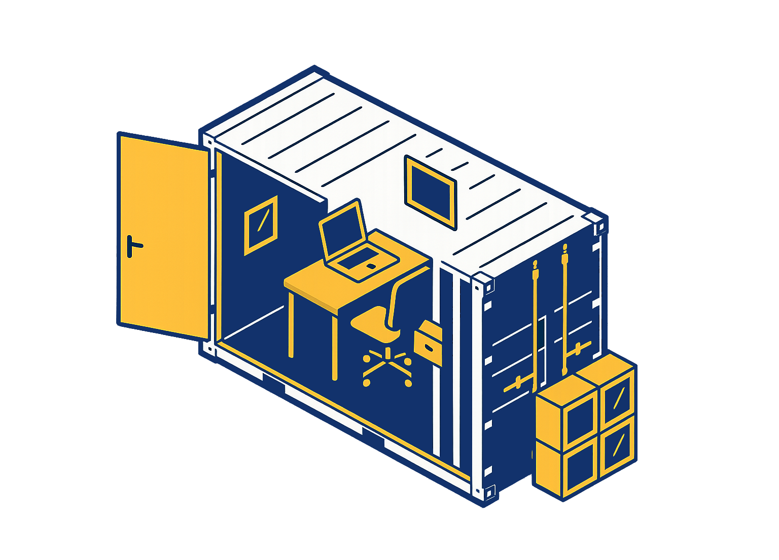 Isometrische Ansicht eines zu einem Büro umgebauten Schiffscontainers mit offener Tür, Schreibtisch und Stauraum.