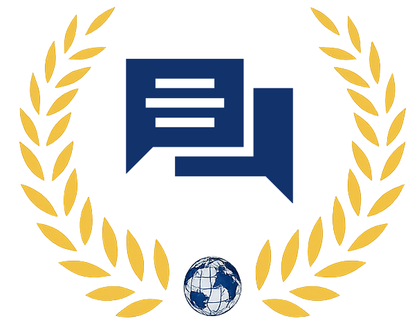 Zwei blaue Sprechblasen, umrahmt von einem goldenen Lorbeerkranz und einem Globus.