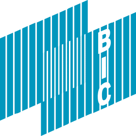 Blau-weißes Logo mit sich überlappenden vertikalen Linien, „BIC“ in weißen Buchstaben.