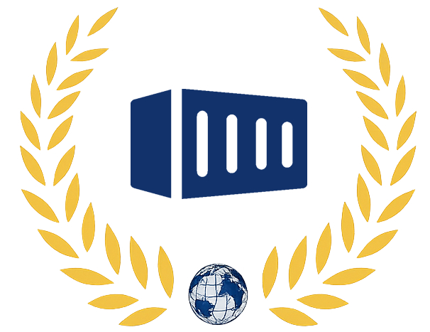 Symbol eines blauen Schiffscontainers in einem goldenen Lorbeerkranz, darunter ein Globus.