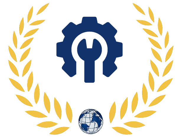 Blaues Zahnrad- und Schraubenschlüsselsymbol in einem goldenen Lorbeerkranz; Globus am unteren Rand.