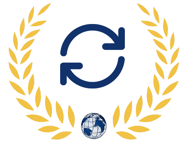 Zwei blaue Pfeile im Kreis, Lorbeerkranz, Globus; Symbol für Zyklus oder Aktualisierung.