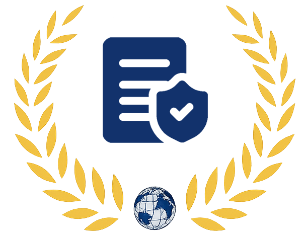 Blaues Dokument und Wappen mit Häkchen, umrahmt von einem Lorbeerkranz und einer Weltkugel.
