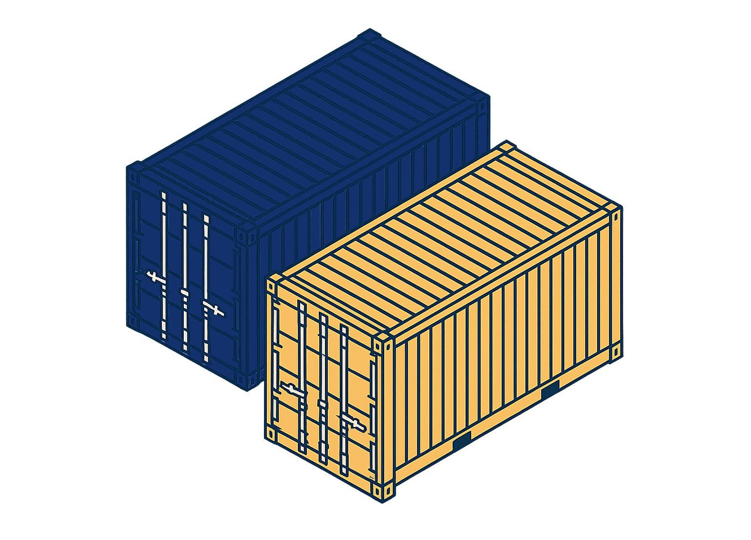 Zwei Versandcontainer: einer blau, einer beige.