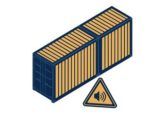 Blauer und gelber Schiffscontainer mit Warnschild (Lautsprecher).
