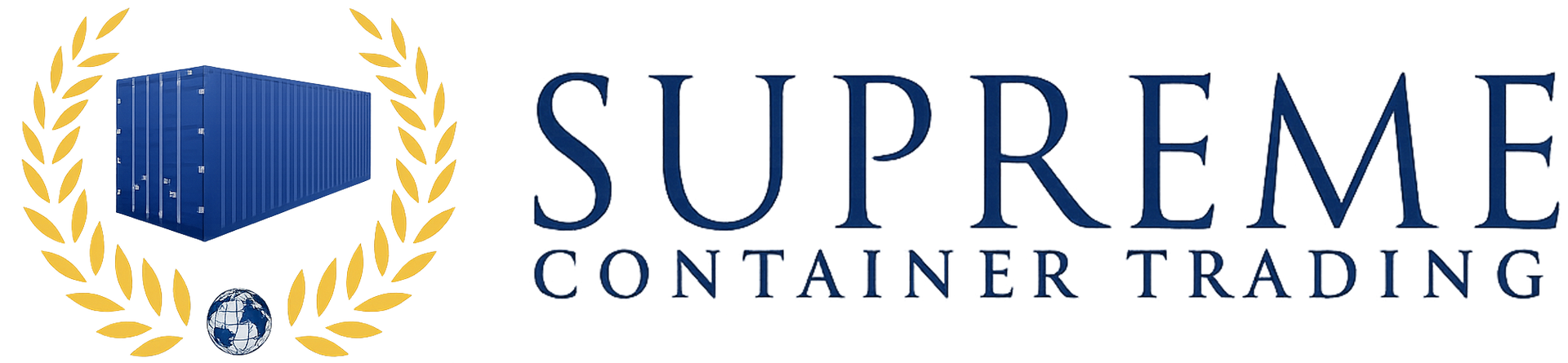 Logo von Supreme Container Trading. Blaue Schiffscontainer in einem goldenen Kranz, Globus und Schriftzug.