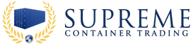 Logo von Supreme Container Trading. Blaue Schiffscontainer in einem goldenen Kranz, Globus und Schriftzug.