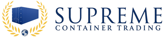 Logo für Supreme Container Trading mit blauen Containern in einem goldenen Kranz und dem Schriftzug 