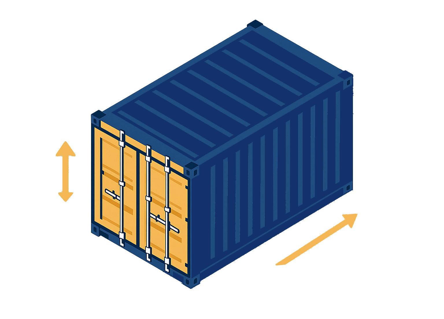 Blauer Versandcontainer mit Pfeilen, die Höhe und Länge anzeigen.