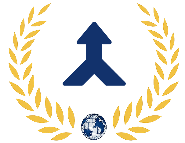 Blauer Pfeil, der sich nach oben verjüngt, umgeben von einem goldenen Lorbeerkranz, Globus am unteren Rand.