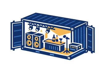 Ein blauer Schiffscontainer wurde zur Bühne mit Lautsprechern, Bar und Beleuchtung umgebaut.