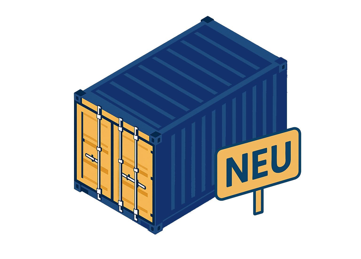 Blauer Schiffscontainer mit einem „NEU“-Schild (deutsch für „neu“).