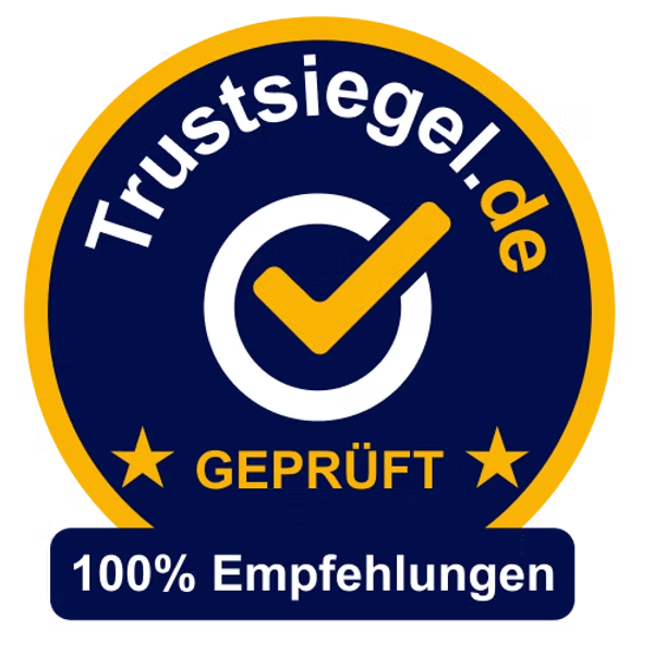 Trustsiegel.de logo: navy circle, checkmark, gold stars, text 