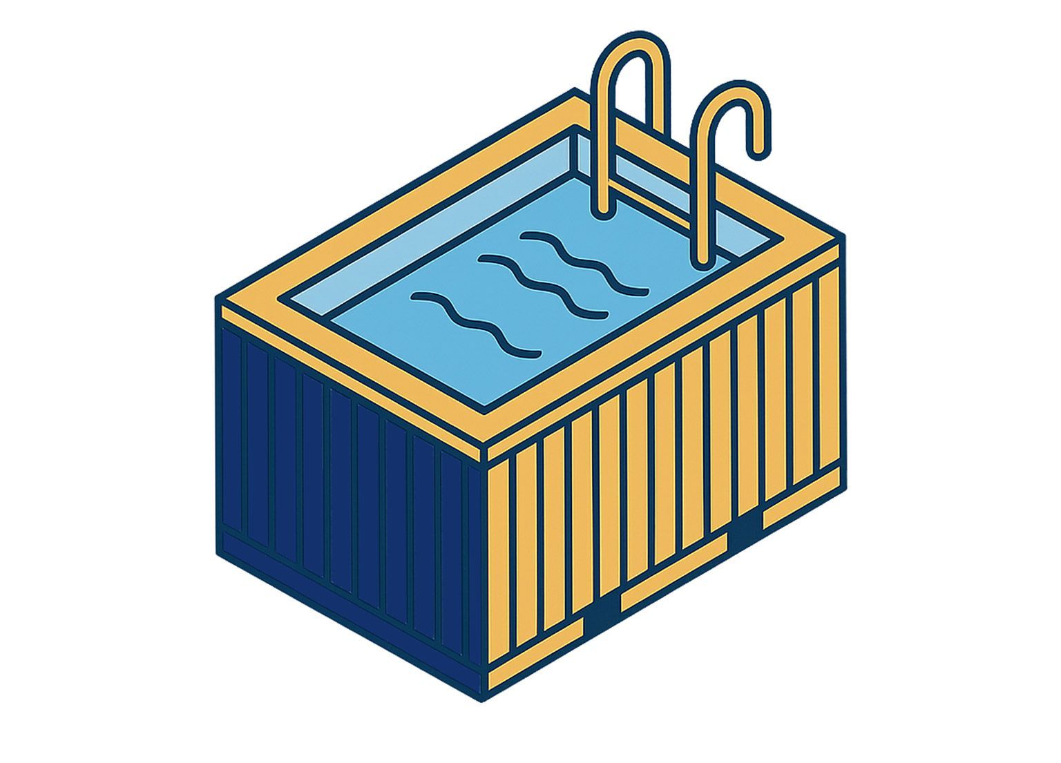 Rechteckiger blauer Pool mit hellbrauner Holzverkleidung und zwei Metallhandläufen.