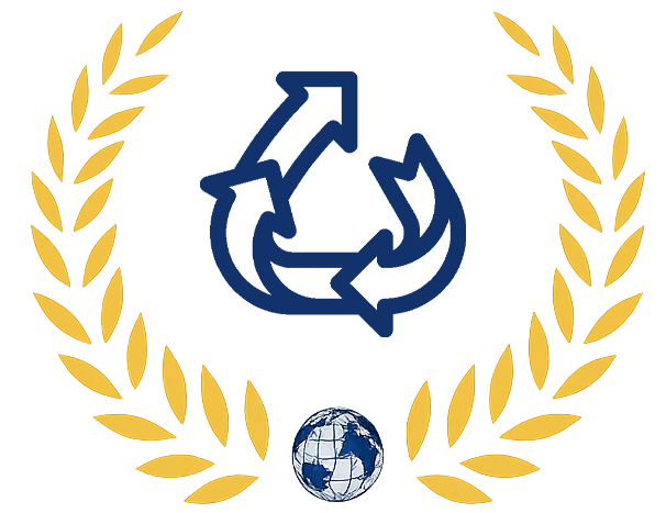 Recycling-Symbol im Lorbeerkranz, darunter ein Globus.