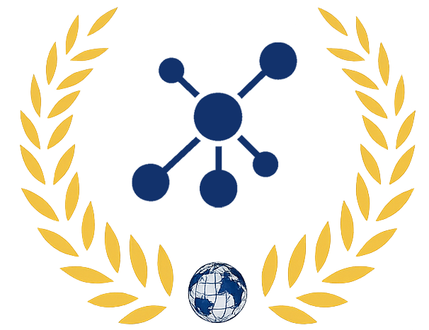 Blaues Netzwerksymbol im goldenen Kranz, darunter ein Globus.