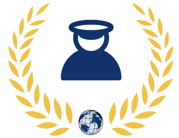 Blaue Figur mit Heiligenschein innerhalb eines goldenen Lorbeerkranzes; darunter ein Globus.