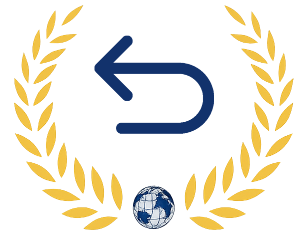 Blauer Pfeil nach hinten innerhalb eines goldenen Kranzes und Globus-Symbols.