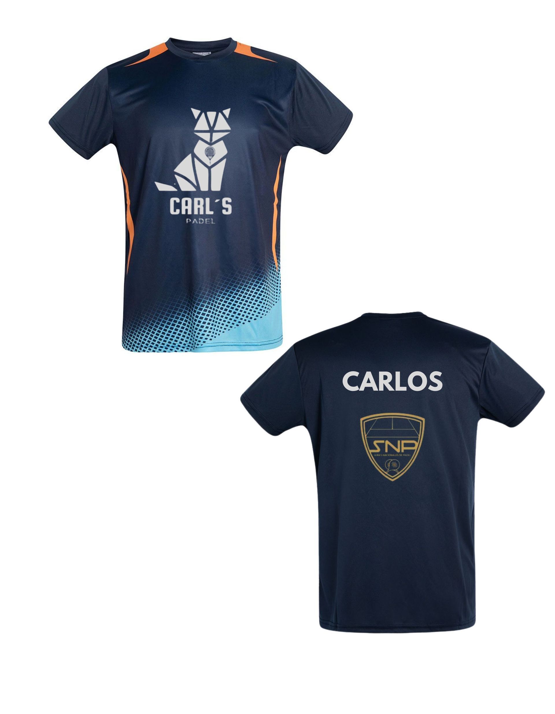La parte delantera y trasera de una camiseta de Carlos.