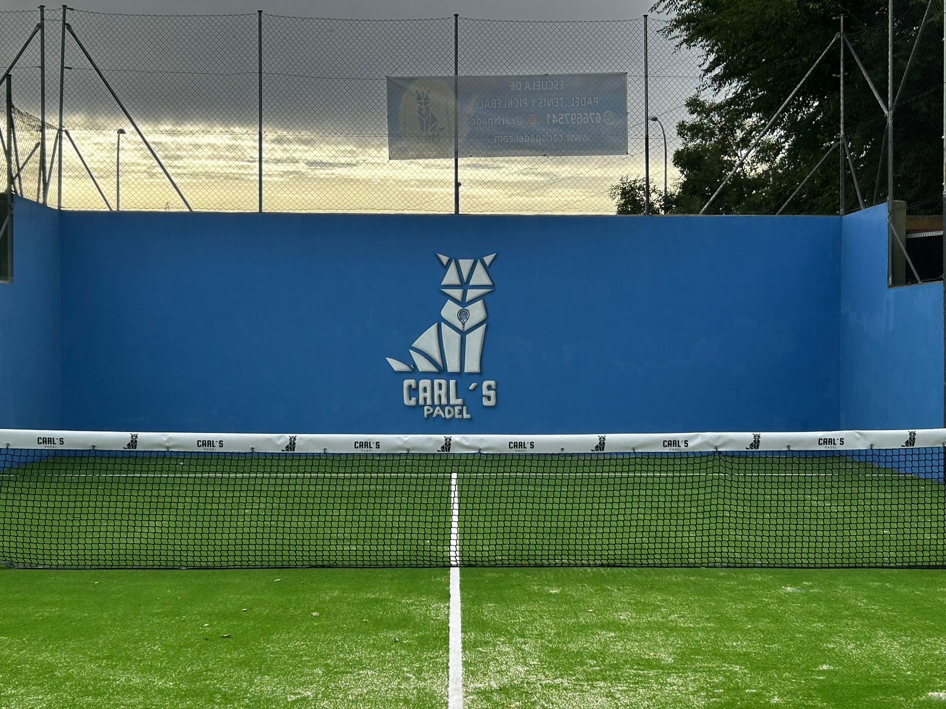 Una pared azul con un gato y las palabras Carl's Padel.