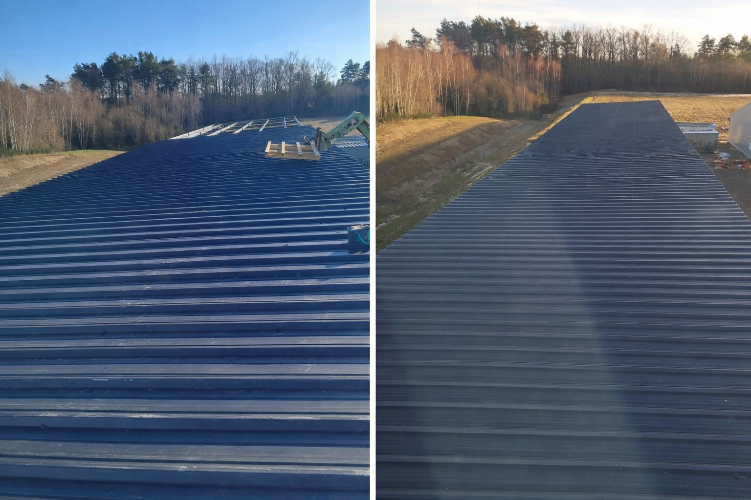 Bâtiment au toit de tôle ondulée.