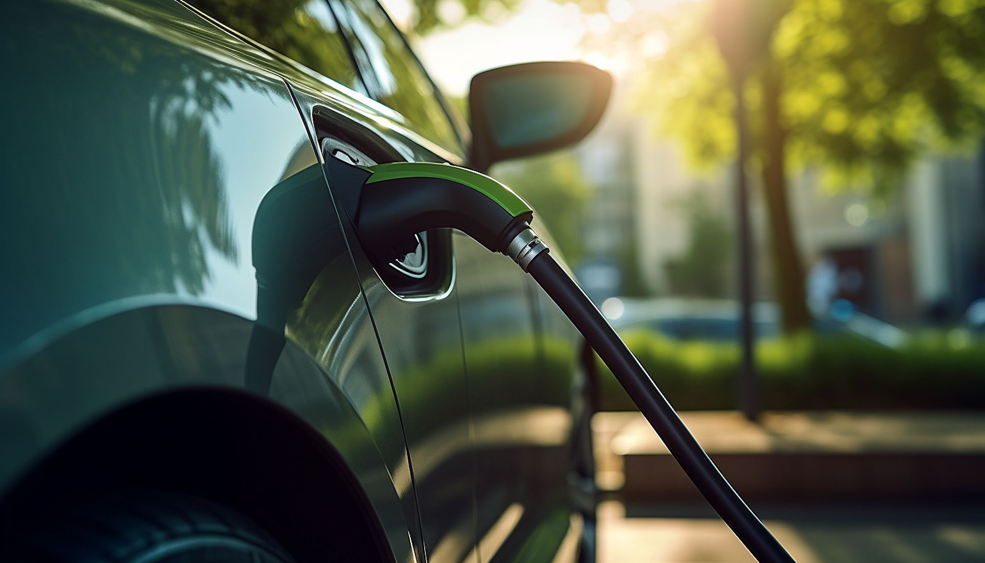 Véhicule électrique qui est branché sur une borne dans un parking