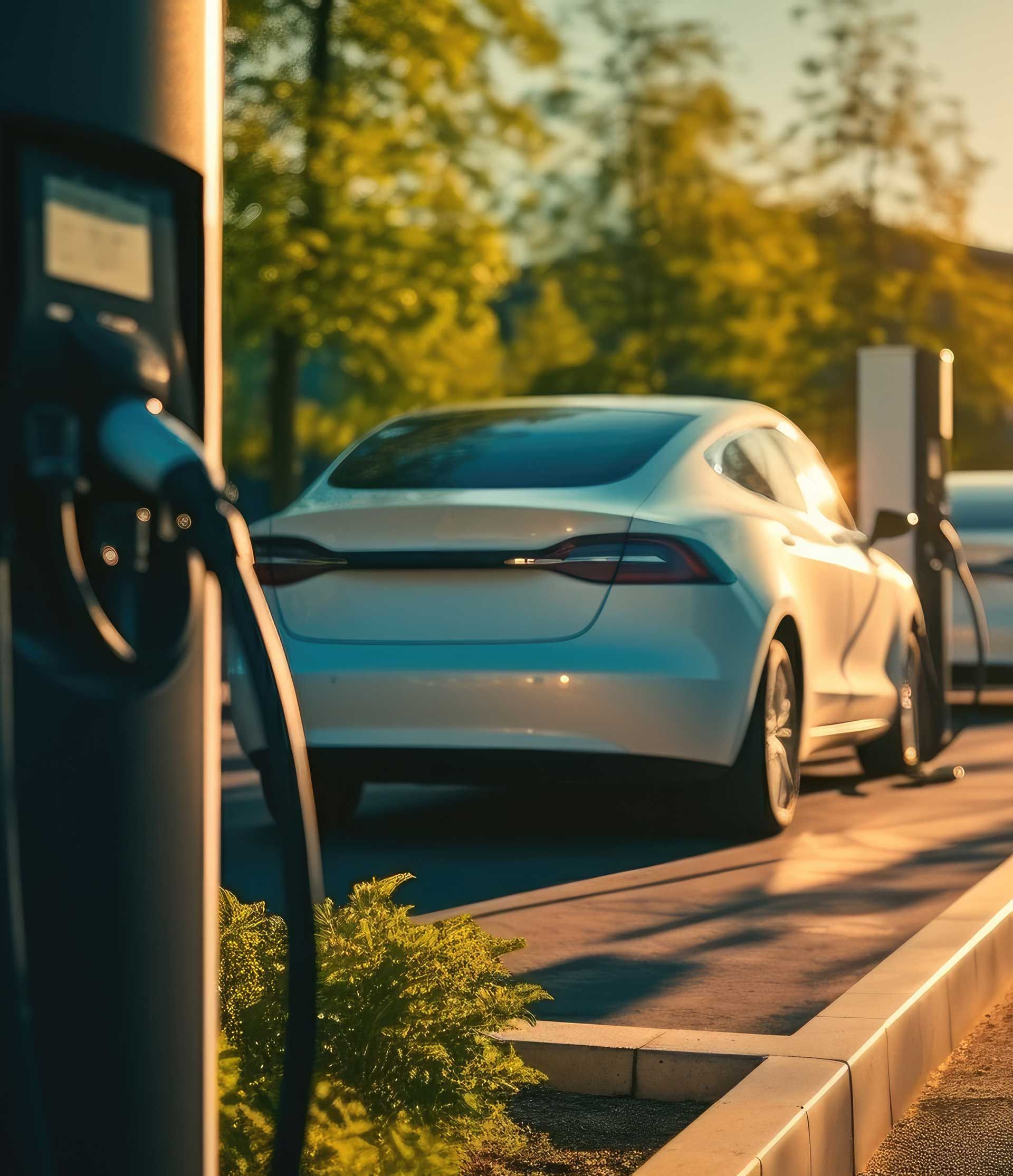 Véhicule électrique gris et borne de recharge noire