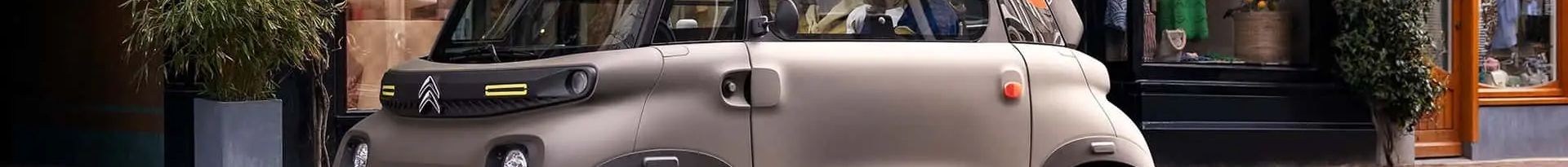 Microcitadine électrique sans permis grise stationnée devant un magasin dans la rue