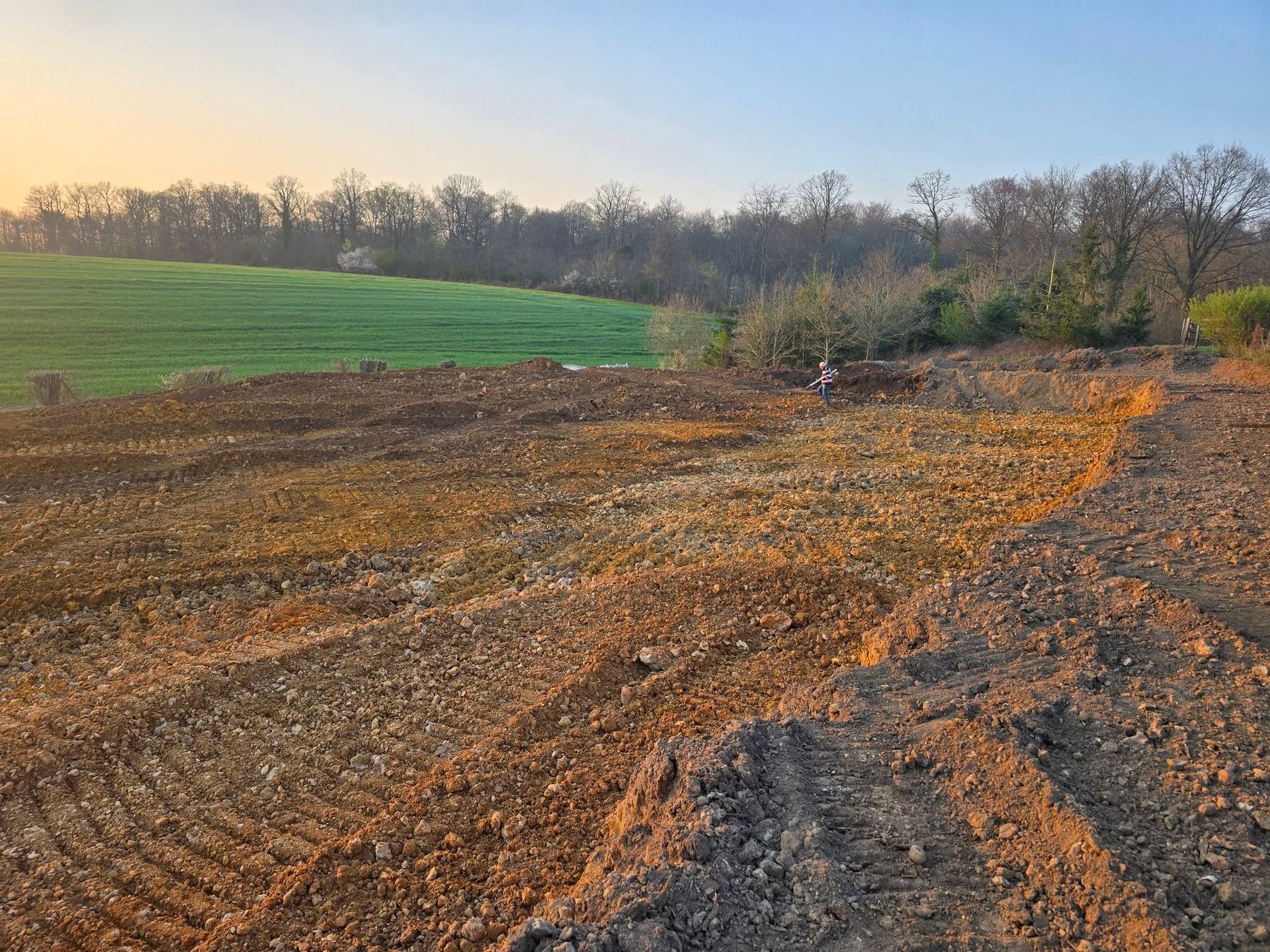 Au premier plan, un terrain fraîchement défriché et boueux borde un champ d'un vert éclatant et une ligne d'arbres.
