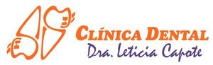 Logotipo de Clínica Dental con un icono de diente y sonrisa naranja y el texto en letra cursiva morada "Dra. Leticia Capote".