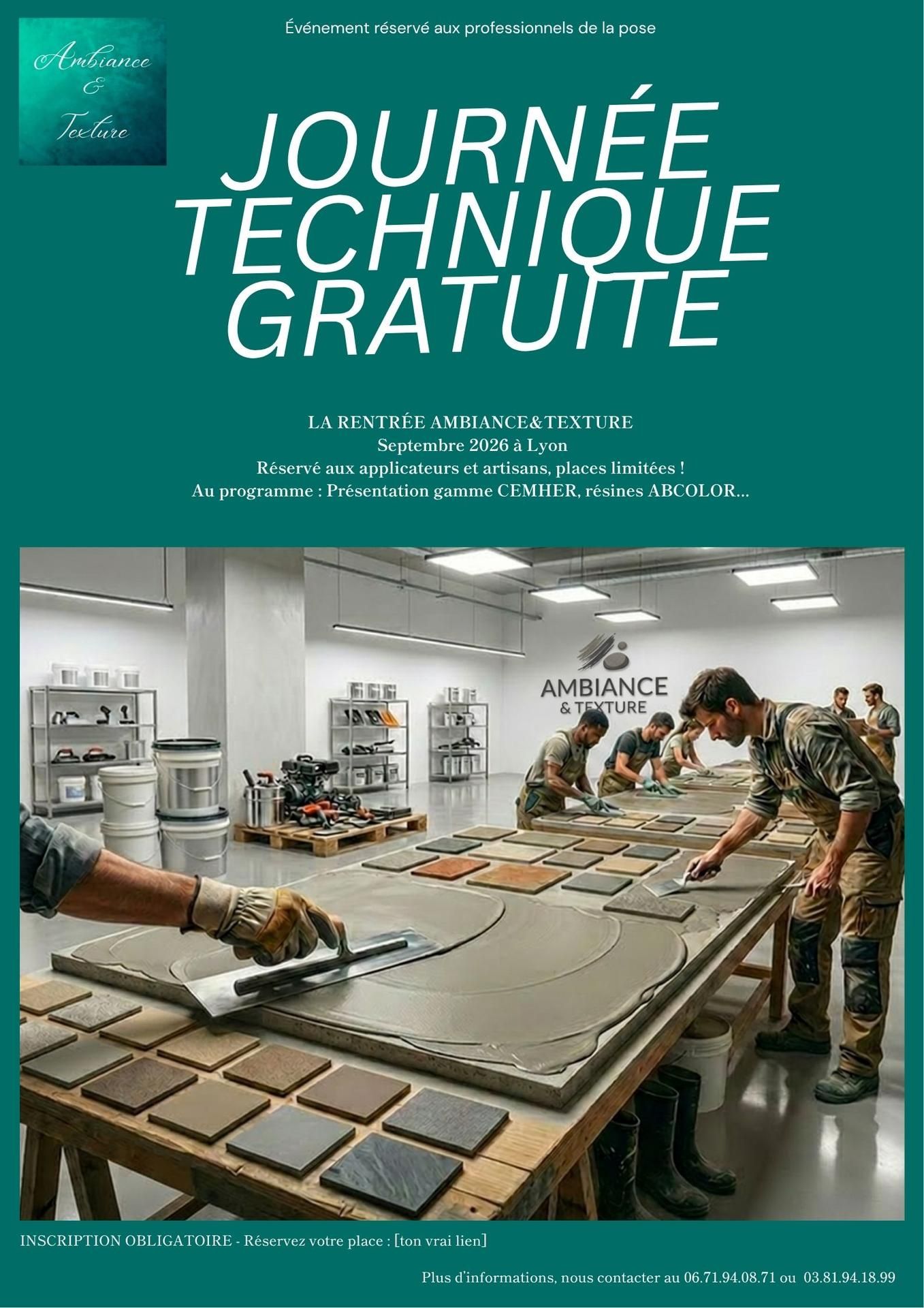 Affiche turquoise pour une journée technique gratuite, avec atelier de fabrication et personnes travaillant dans une salle moderne.