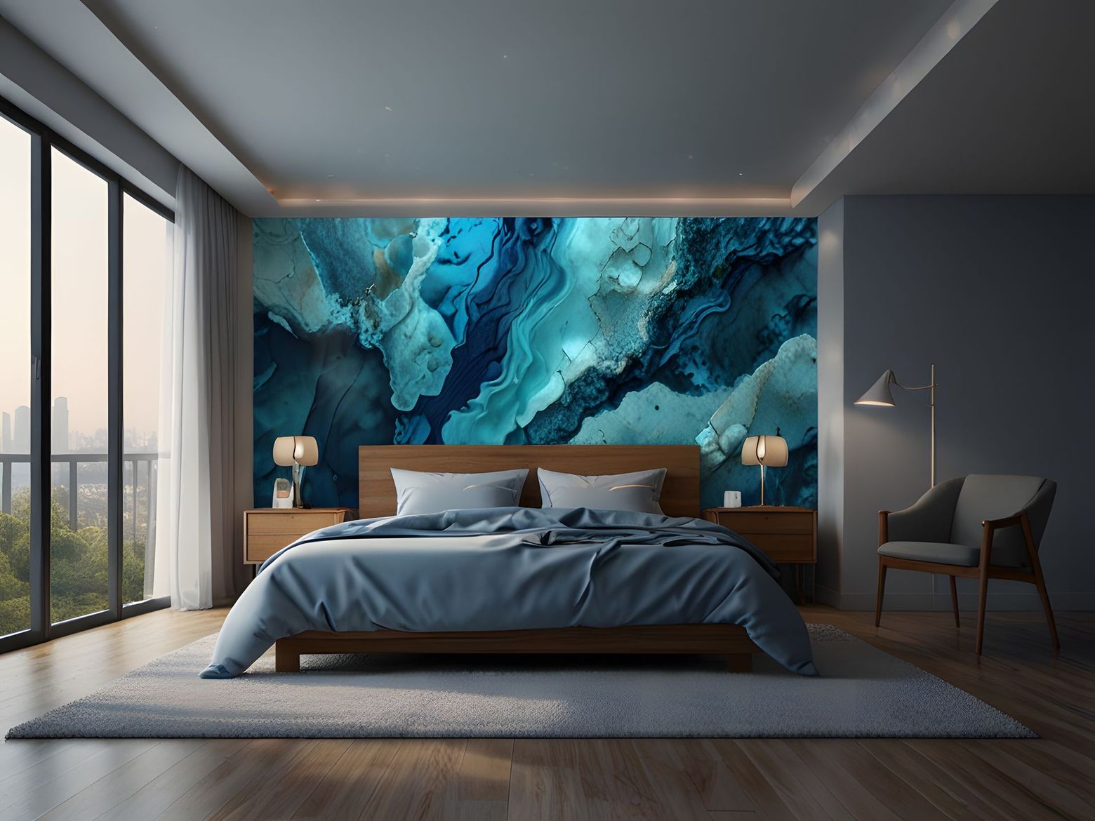 Chambre moderne avec fresque murale abstraite bleue, lit, lampes de chevet et grandes fenêtres offrant une vue sur la ville.