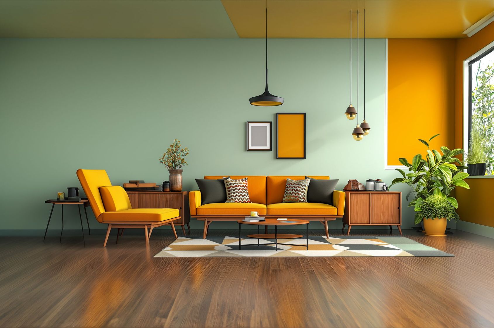 Salon moderne avec canapé et fauteuil jaune moutarde, parquet, plantes et tableaux.