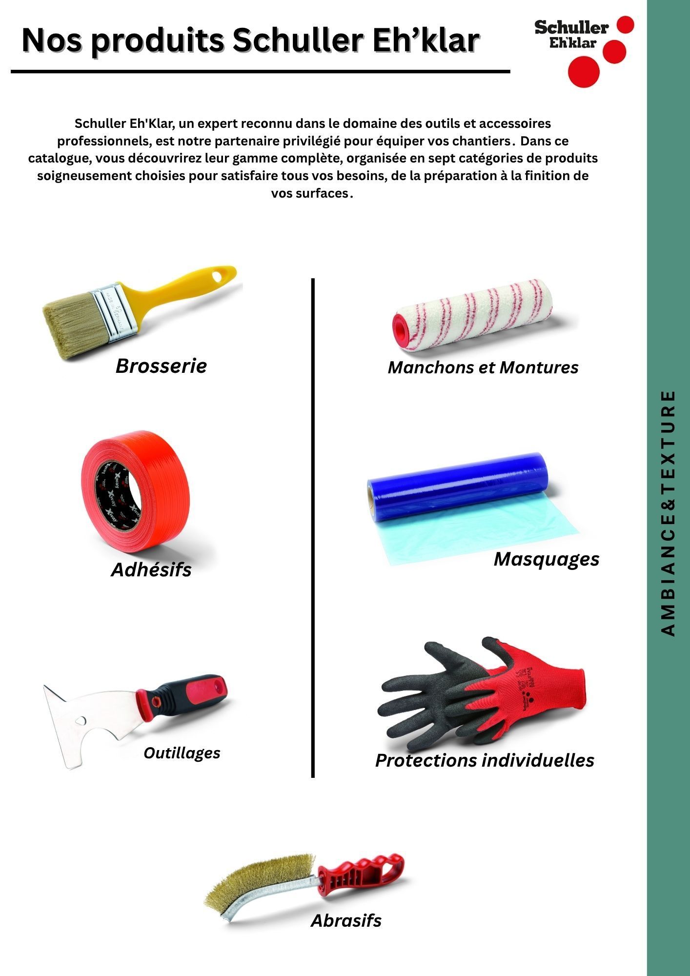 Fiche produit Schuller Eh'klar présentant pinceaux, ruban adhésif, spatule, manchons de rouleau et gants sur fond blanc.