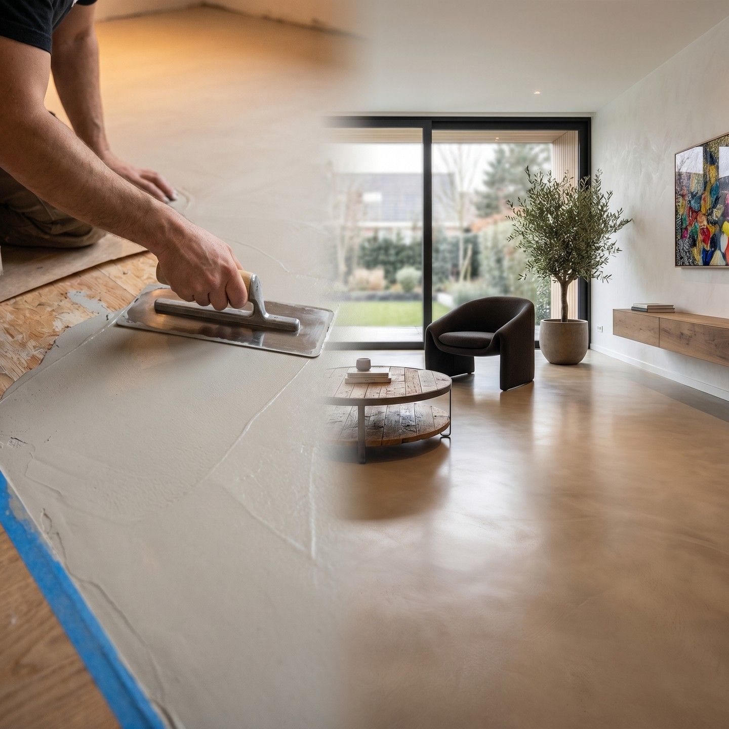 À gauche au premier plan, ouvrier lissant un sol en béton, à droite le résultat final dans un frais dans un salon avec de grandes fenêtres et un fauteuil.