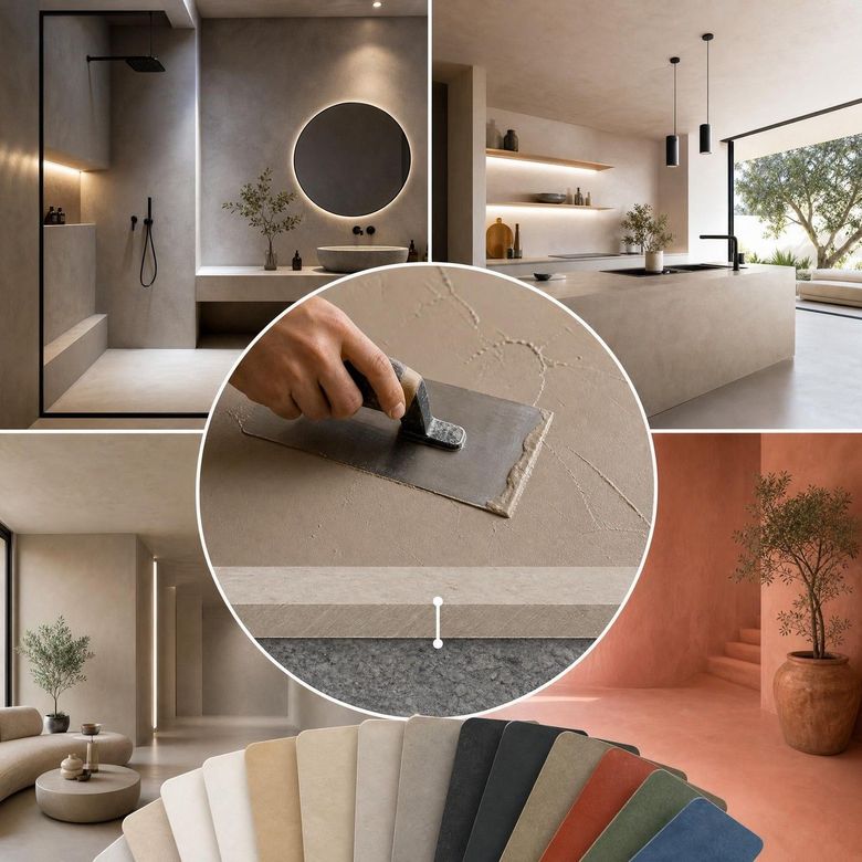 Échantillons de finitions de plâtre intérieur avec truelle et nuanciers dans une pièce moderne.